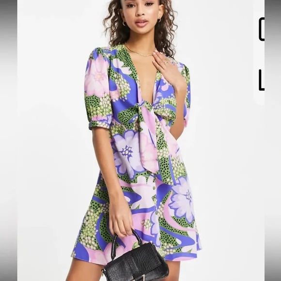 ASOS Tie Front Button Up Mini Dress in Floral Lavender - Picture 1 of 10